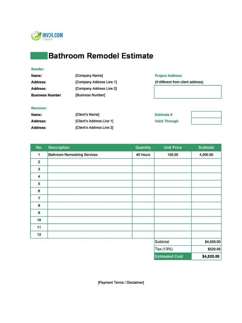 Bathroom Remodel Estimate Template For Canada Excel Google Sheets