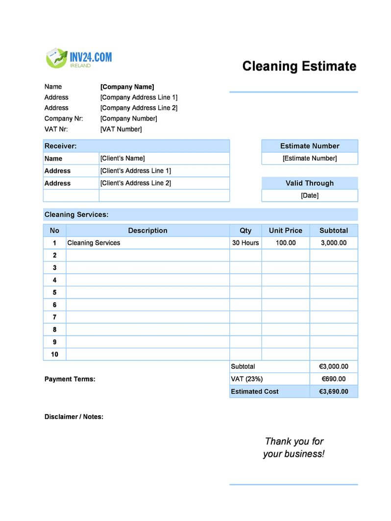 Cleaning Estimate Template For Ireland Excel Google Sheets