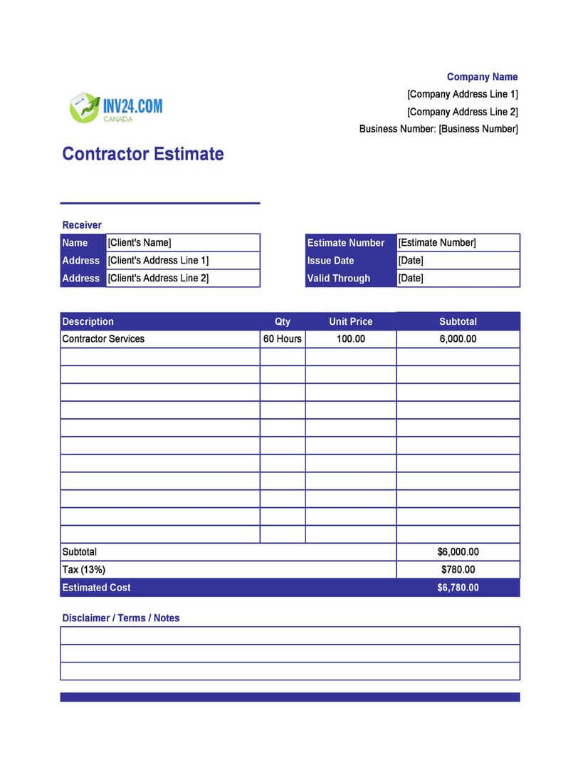 Contractor Estimate Template For Canada Excel Google Sheets