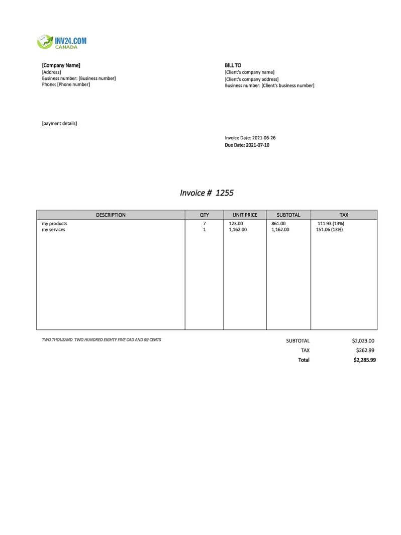 printable invoice template canada excel