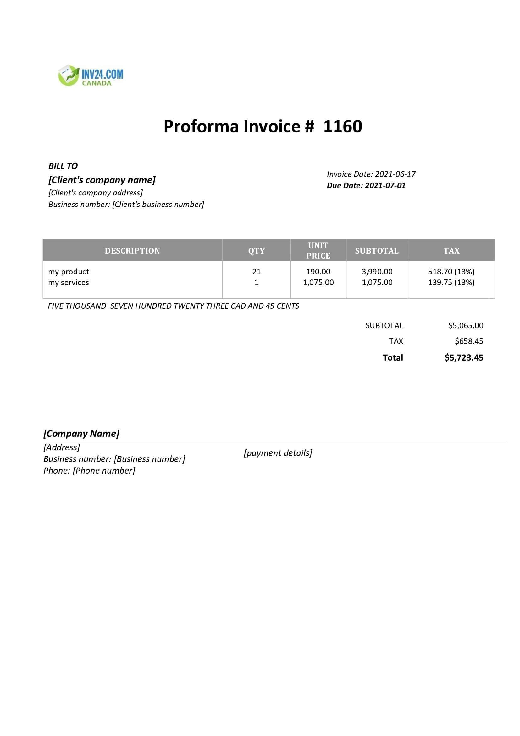 Proforma invoice for Canada Definition, Sample and Creation