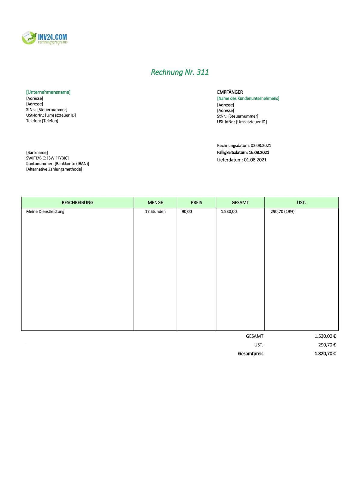 Rechnung Stunden Vorlage (Excel)