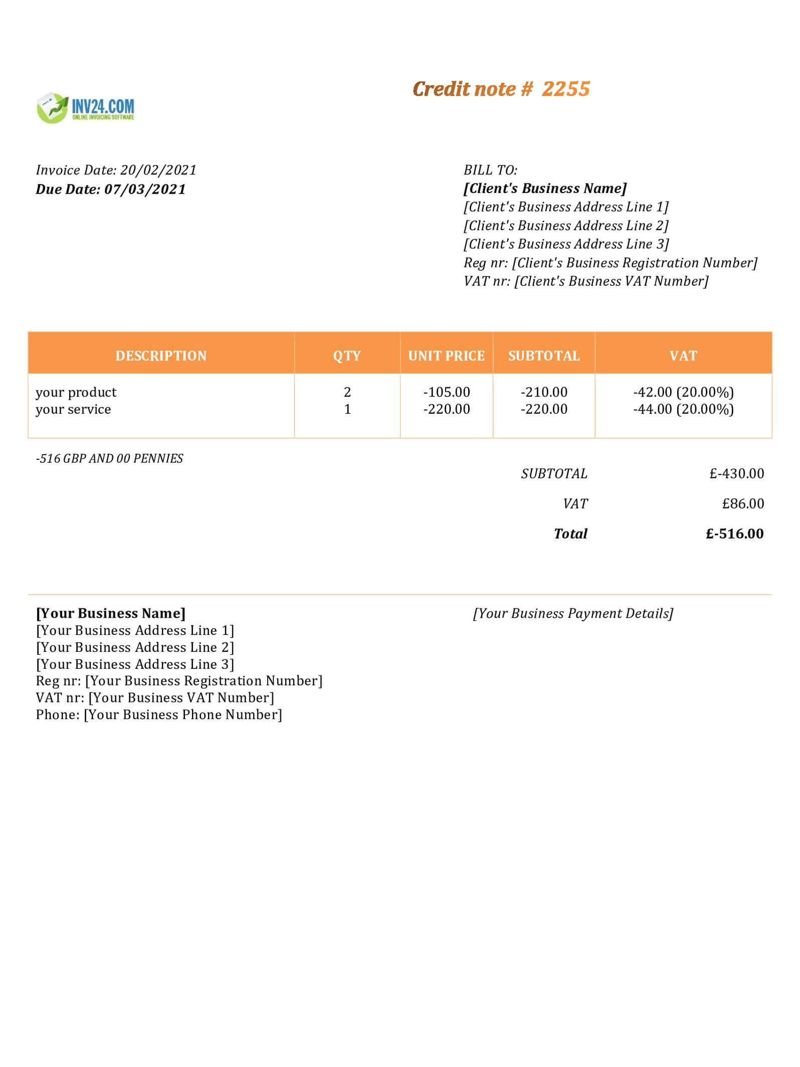 Credit Note Template Uk (Word)