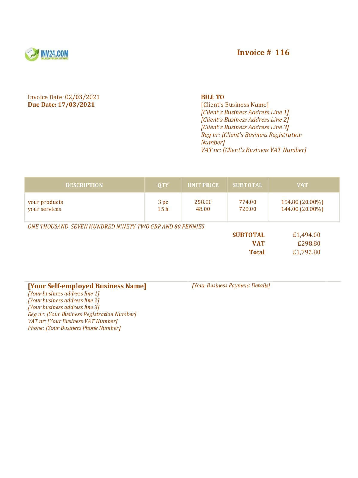 self employed invoice template uk word