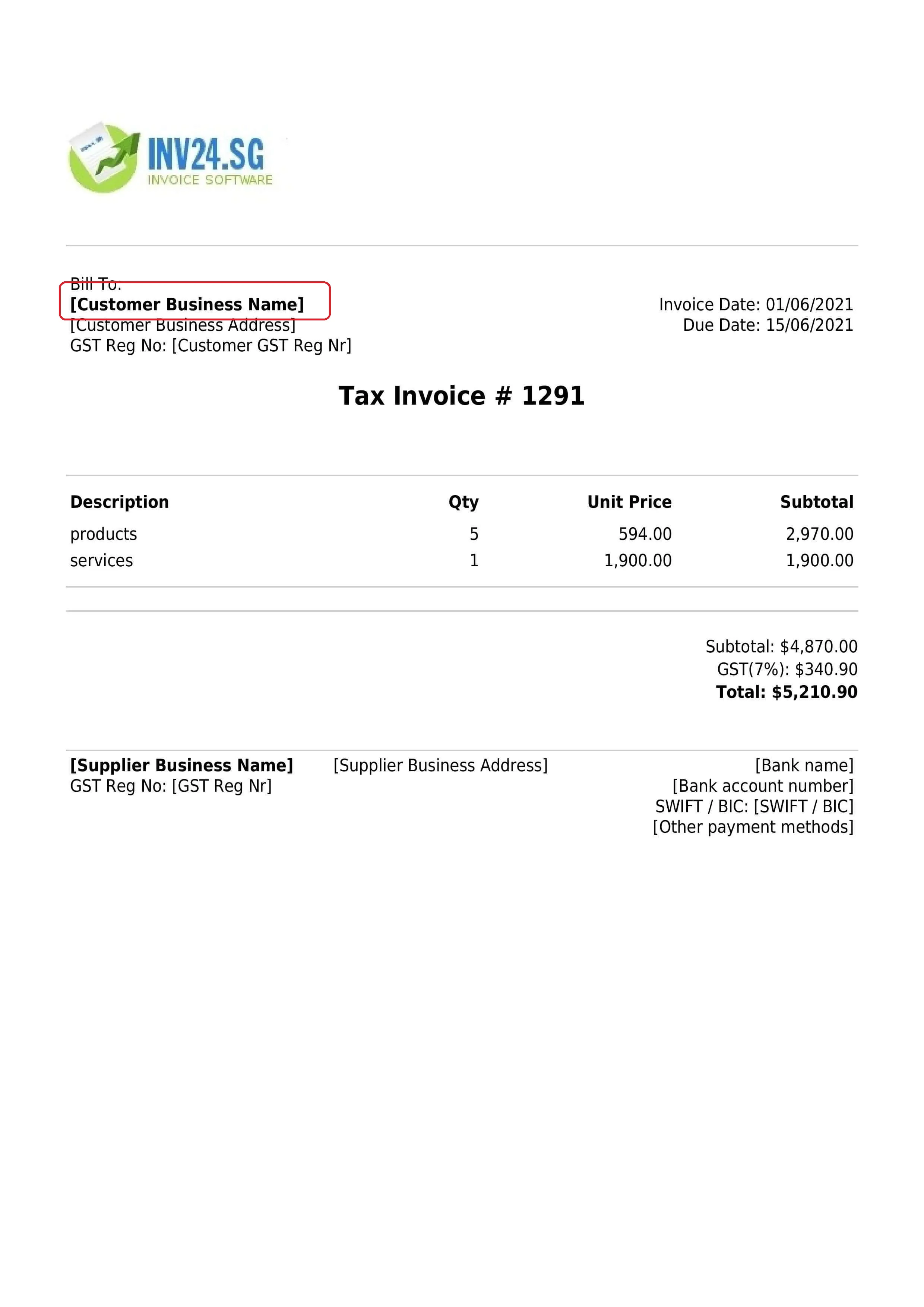 customers business name on the invoice