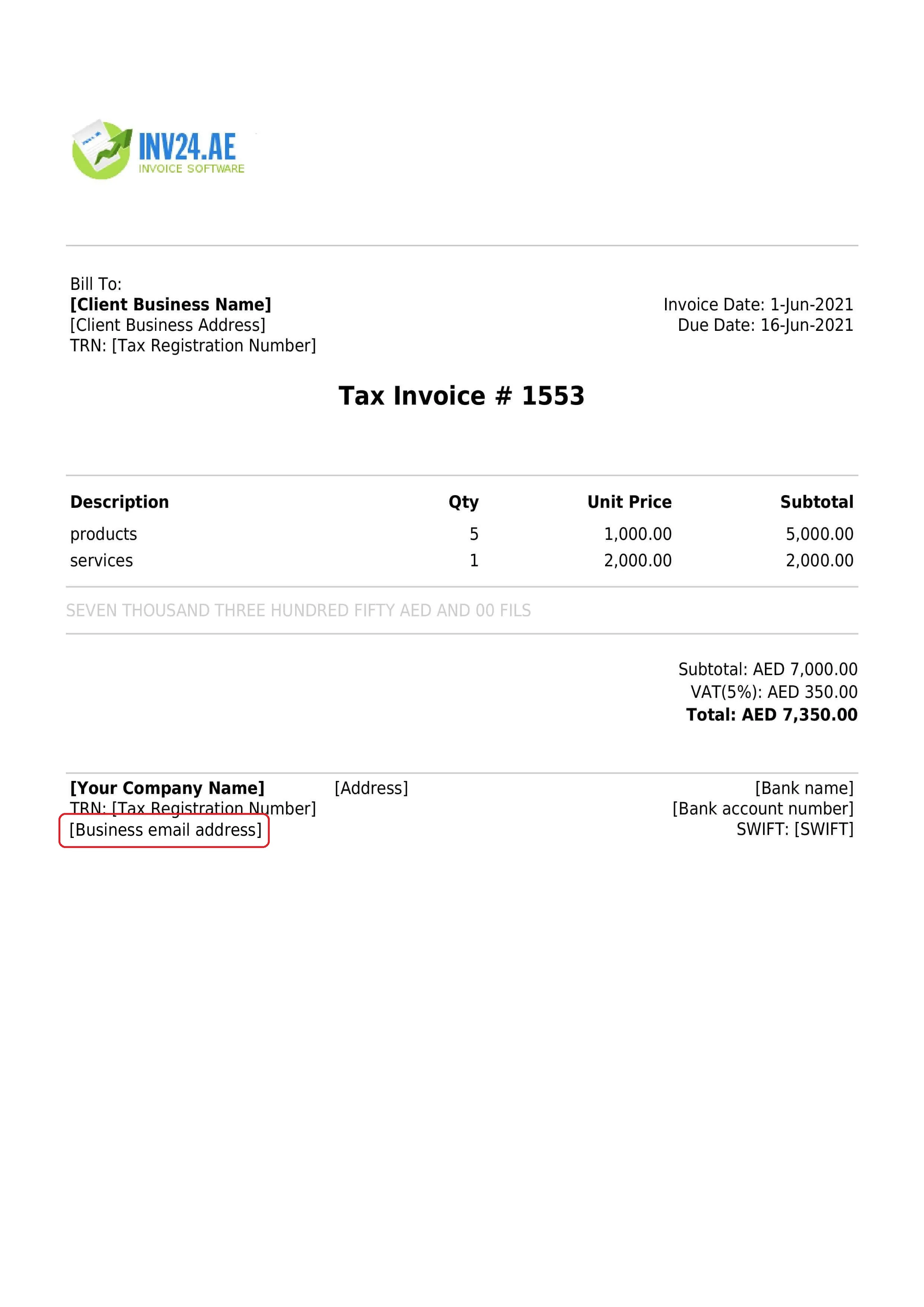 Business email address on the invoice