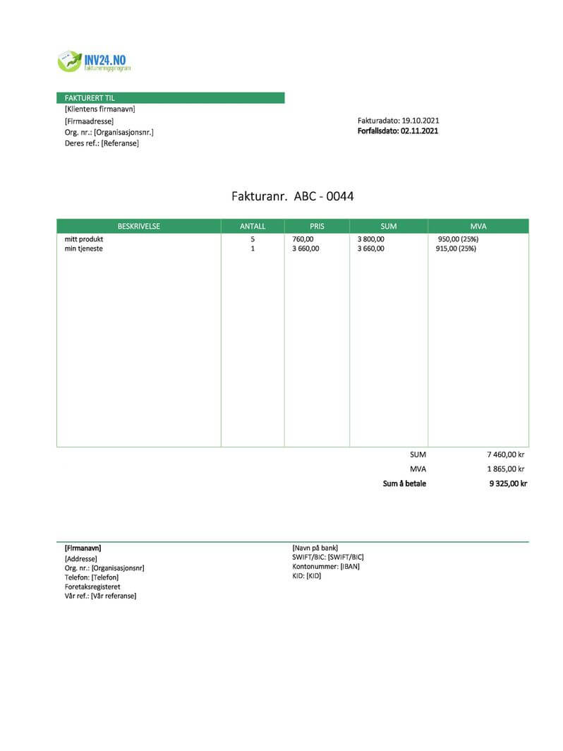 Faktura Skjema (Excel)