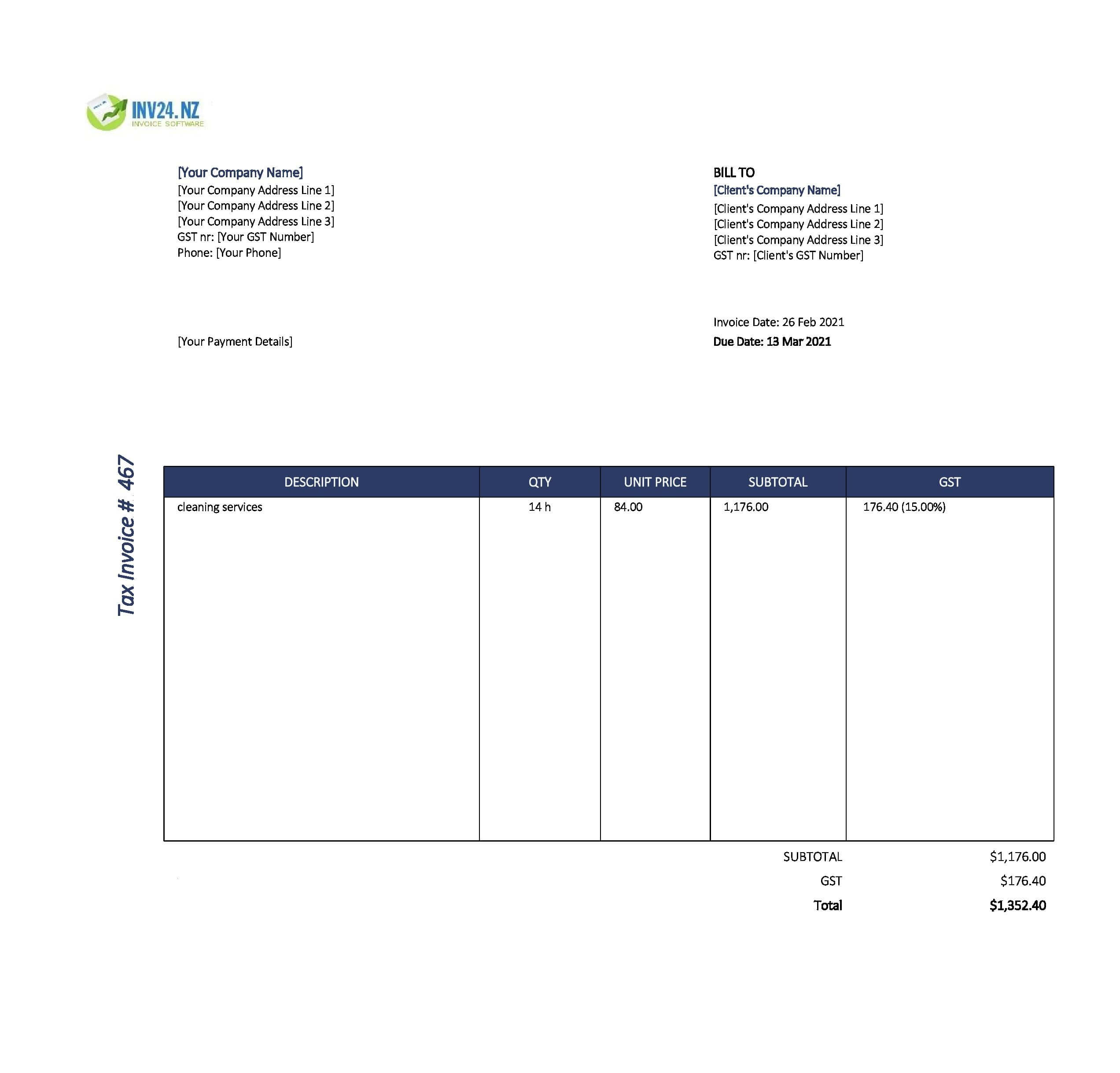 cleaning invoice template nz