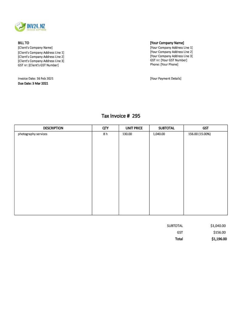 photography invoice template nz excel