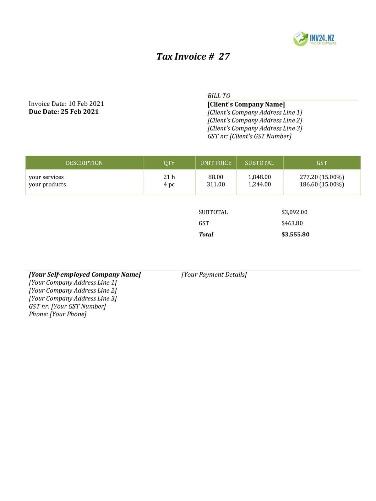 self employed invoice template nz word