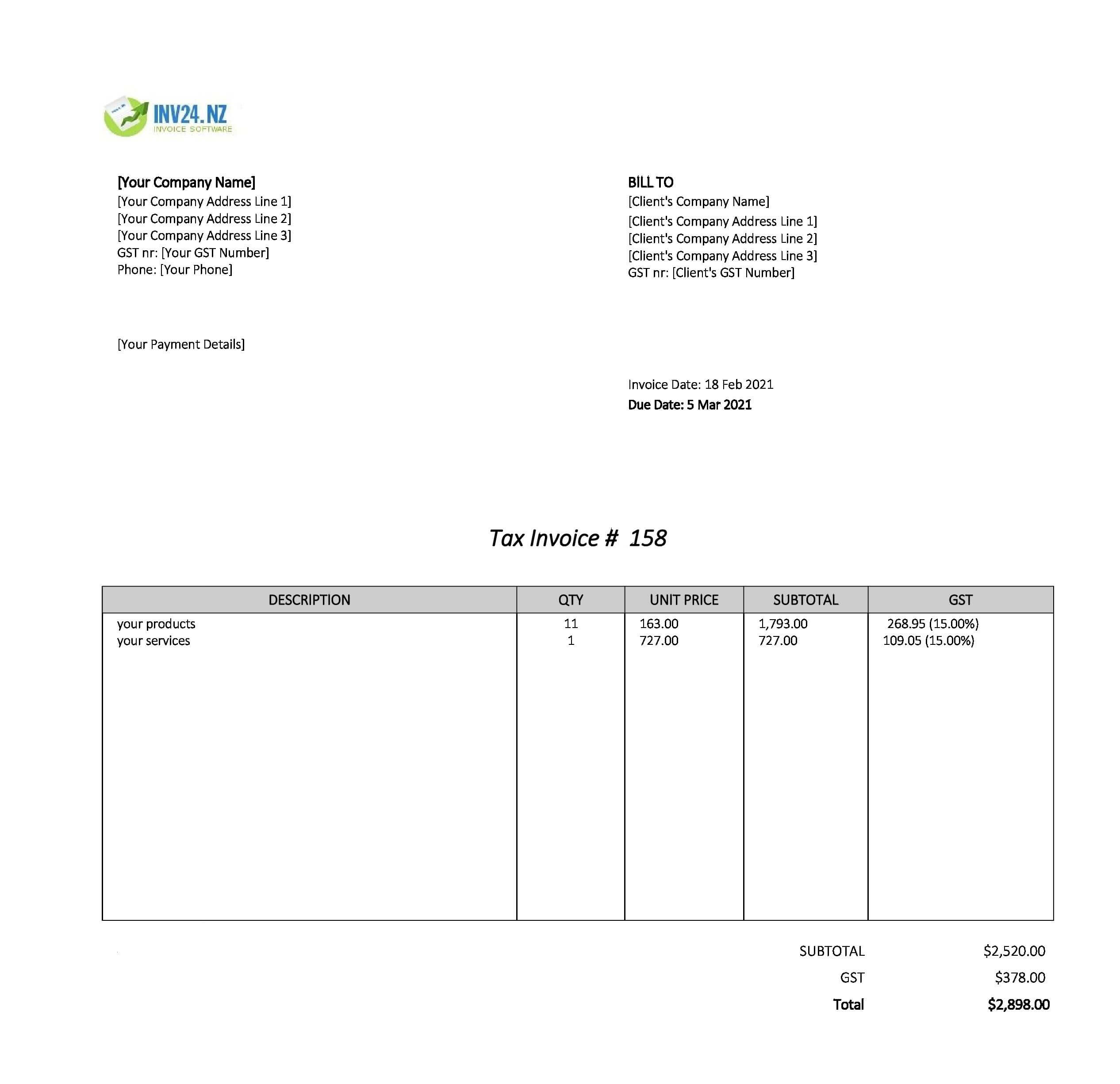 standard invoice template nz