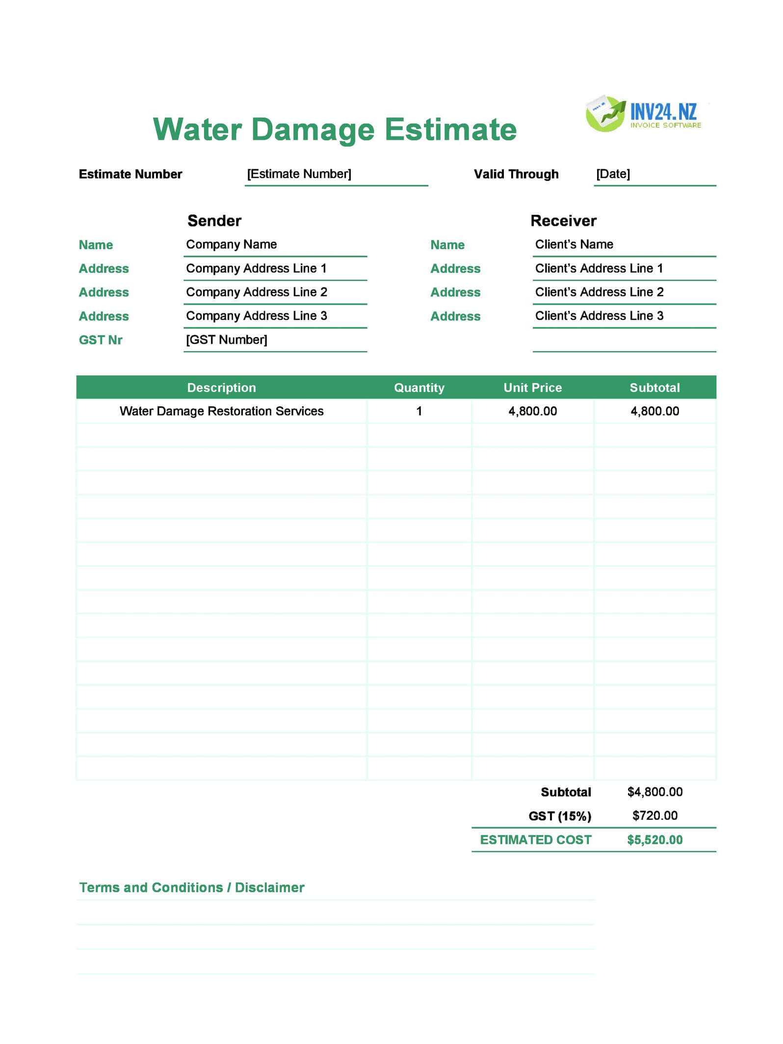 Water Damage Estimate Template For New Zealand Excel Google Sheets