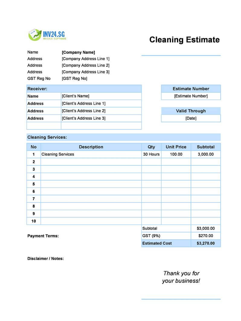 Cleaning Estimate Template For Singapore Excel Google Sheets