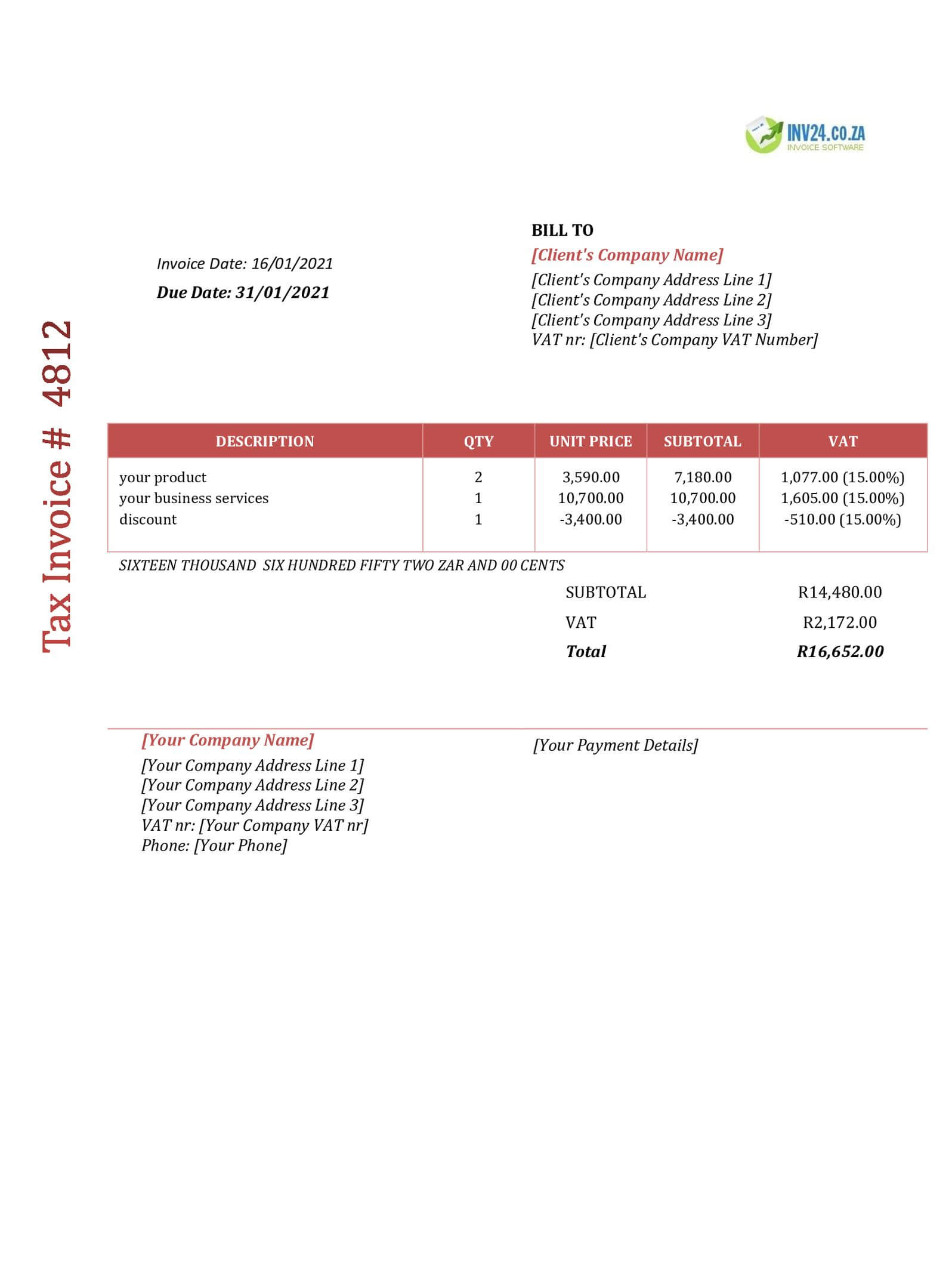 business invoice template south africa word