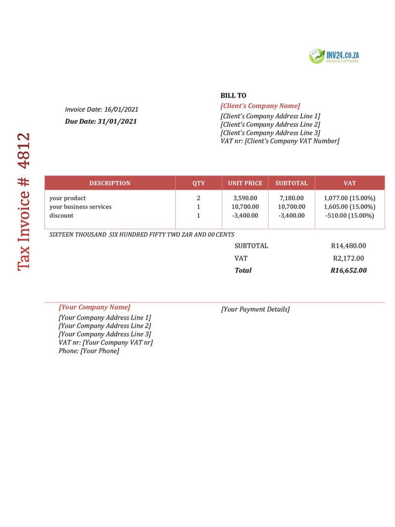 business invoice template south africa word