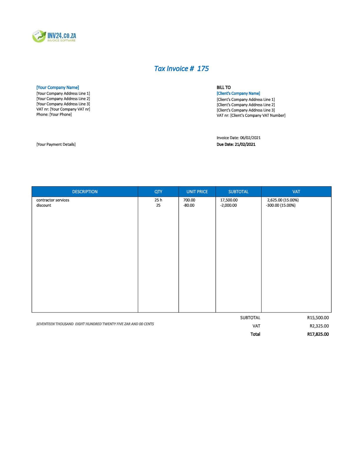 contractor invoice template south africa excel