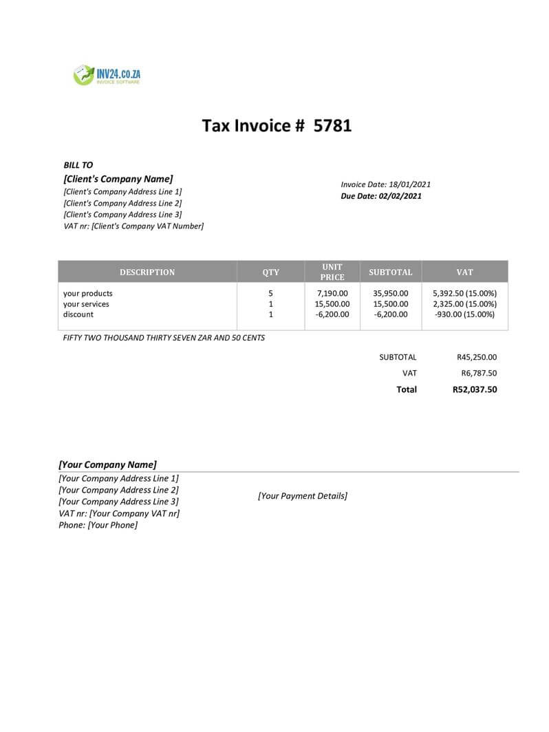 downloadable invoice template south africa word