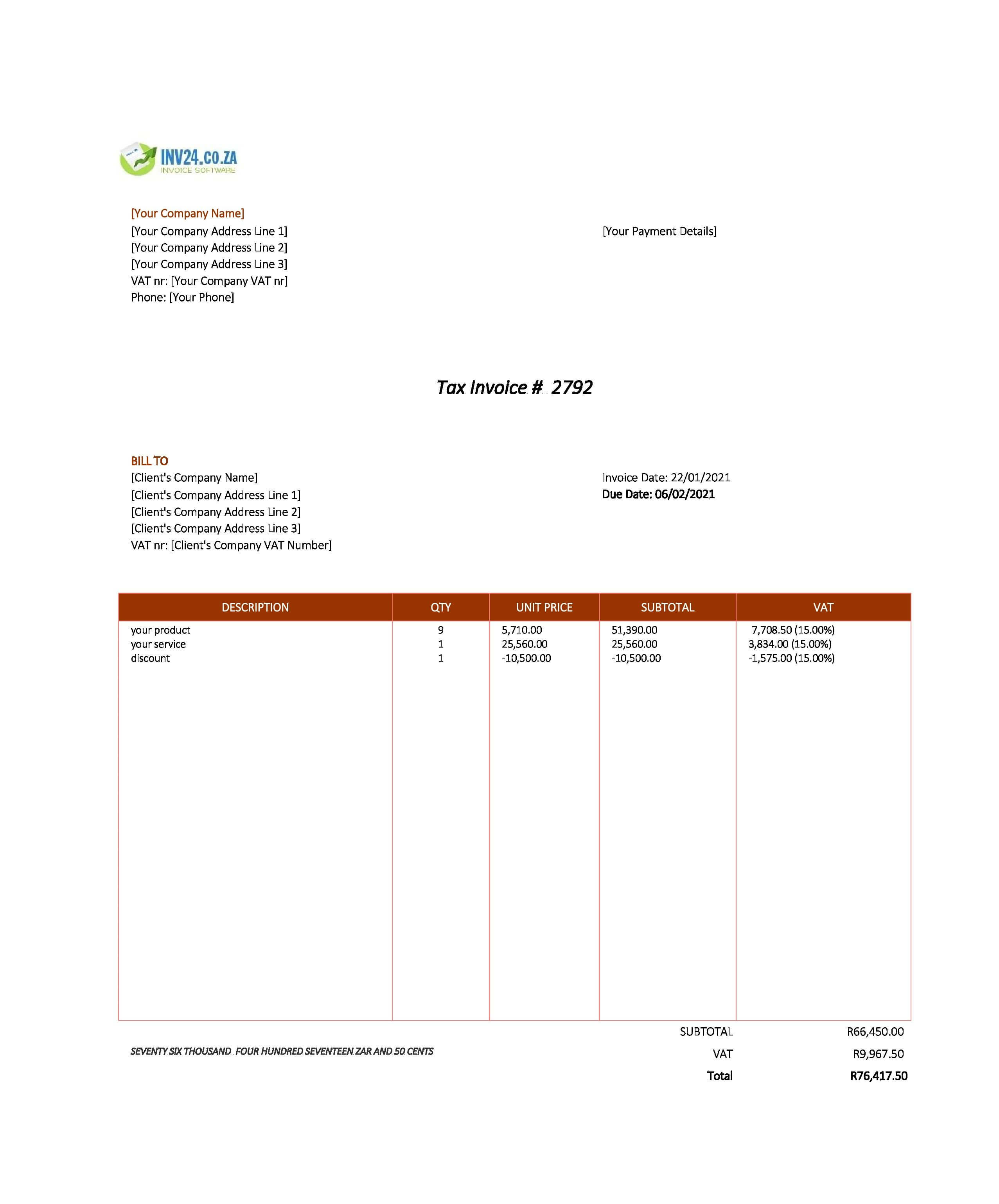 invoice example south africa excel