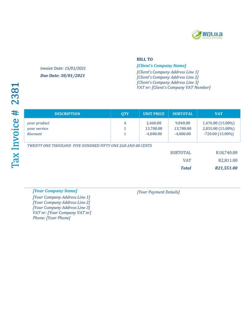 invoice layout south africa word