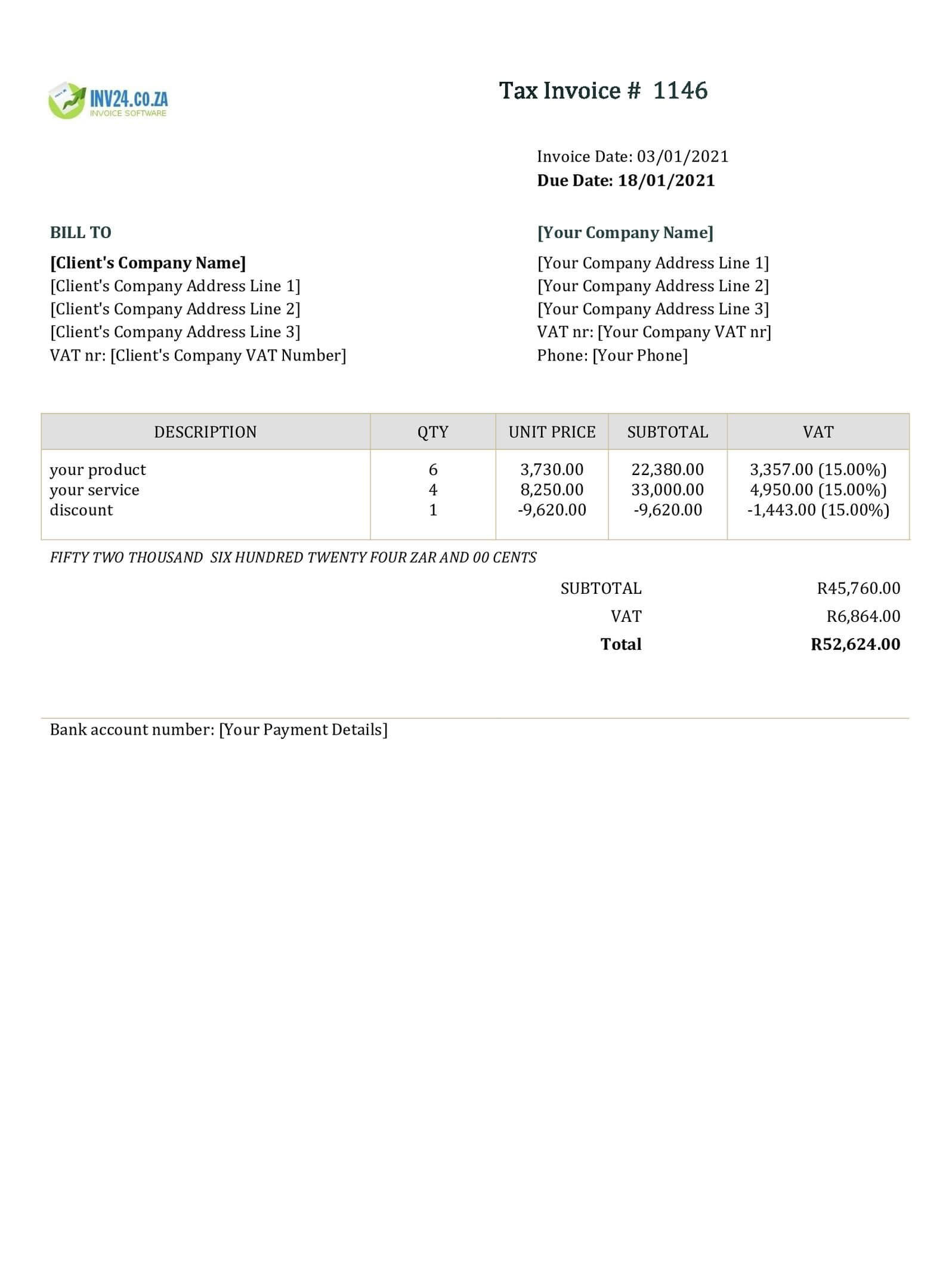 invoice template south africa doc word