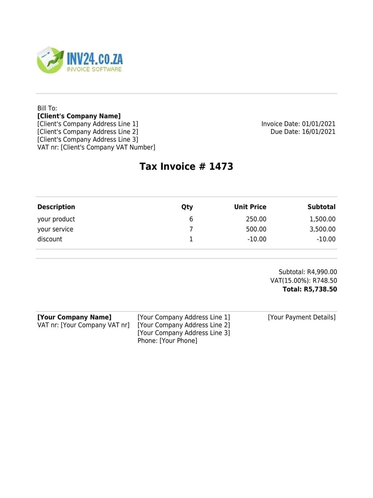 VAT Invoice for South Africa - Definition, Sample and Creation