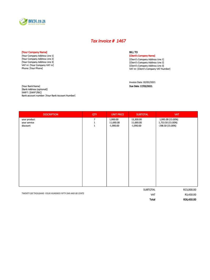 invoice template with bank details south africa excel