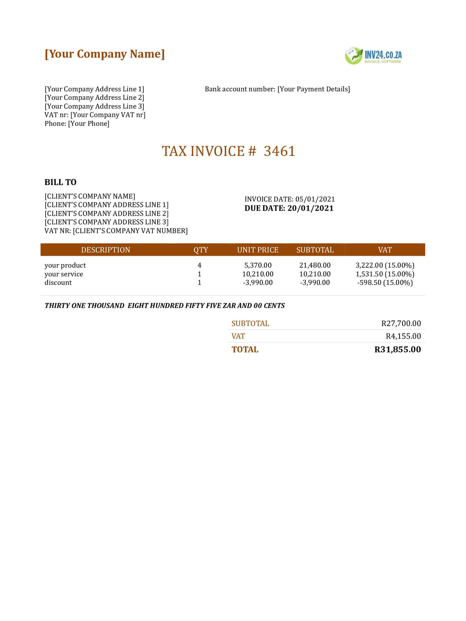 invoice template with discount south africa word