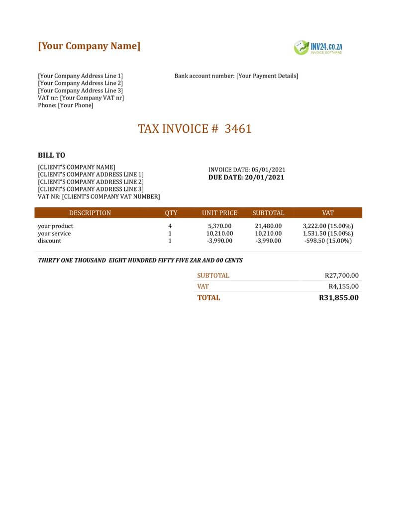 invoice template with discount south africa word