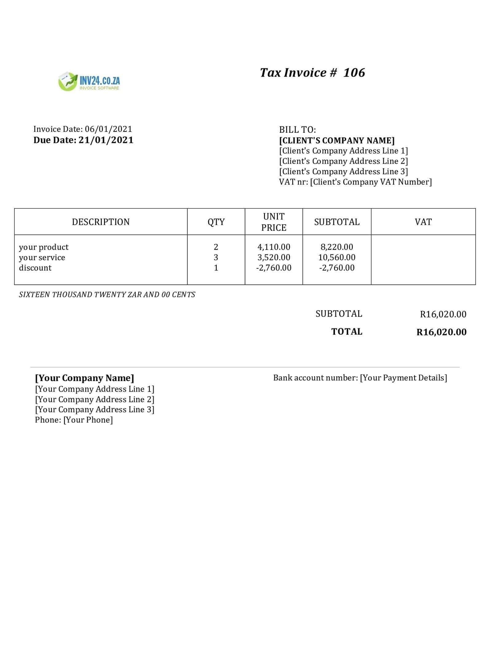 non vat invoice template south africa word