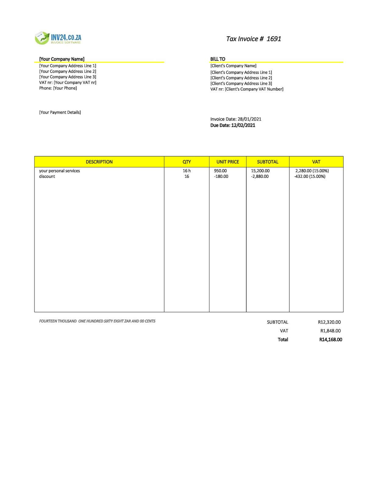 personal invoice template south africa excel