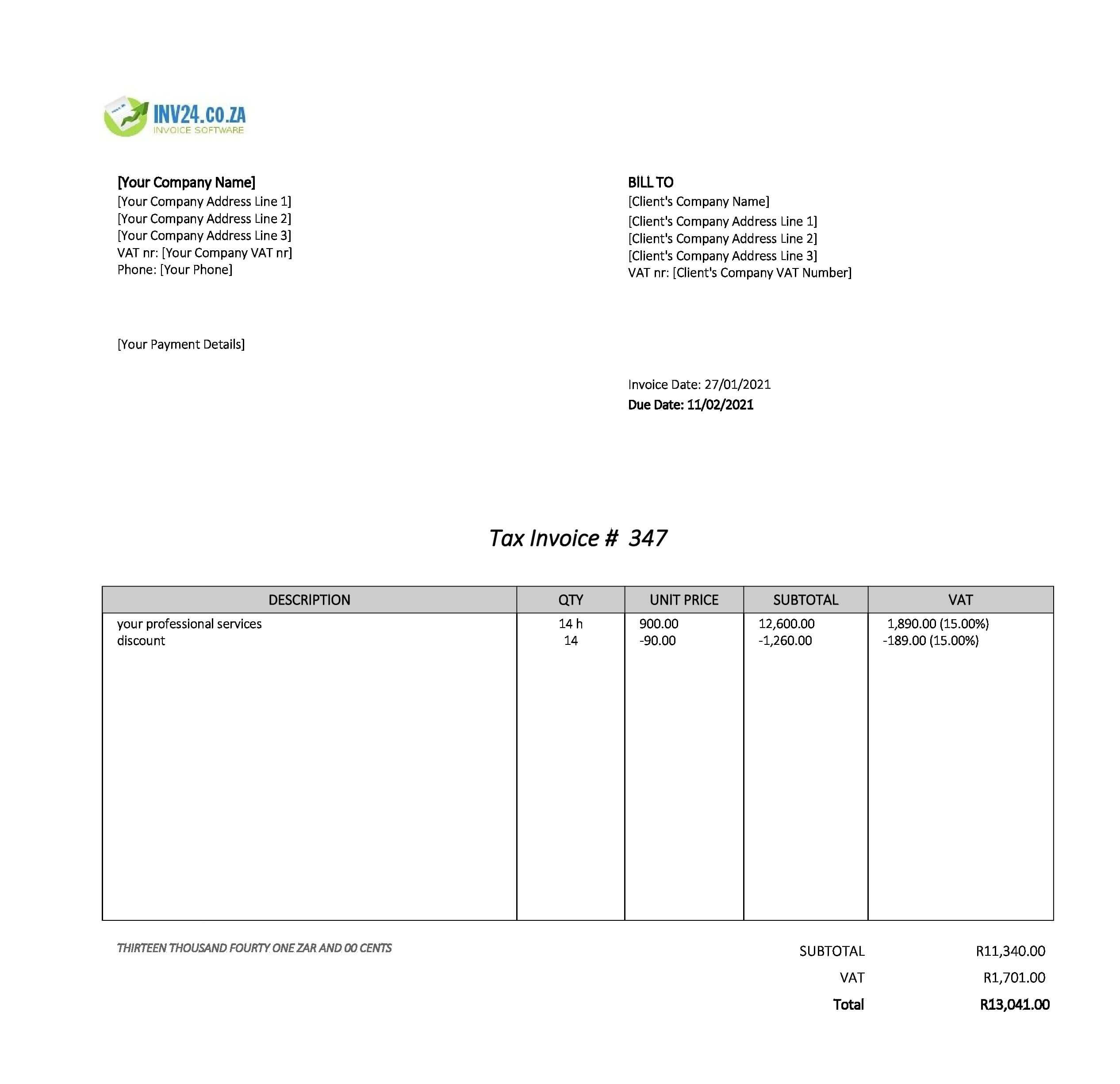 professional invoice template south africa excel
