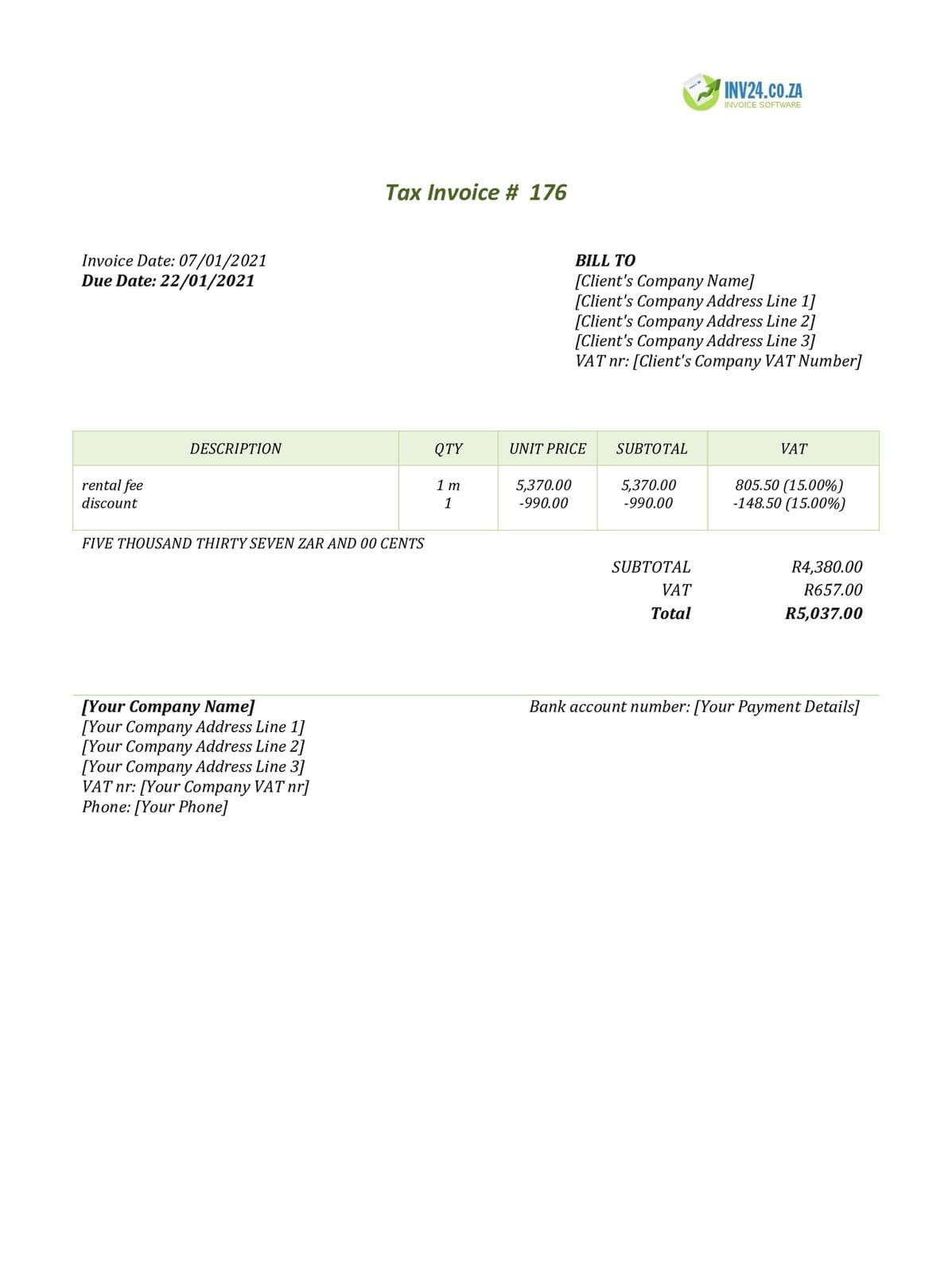 rental invoice template south africa word