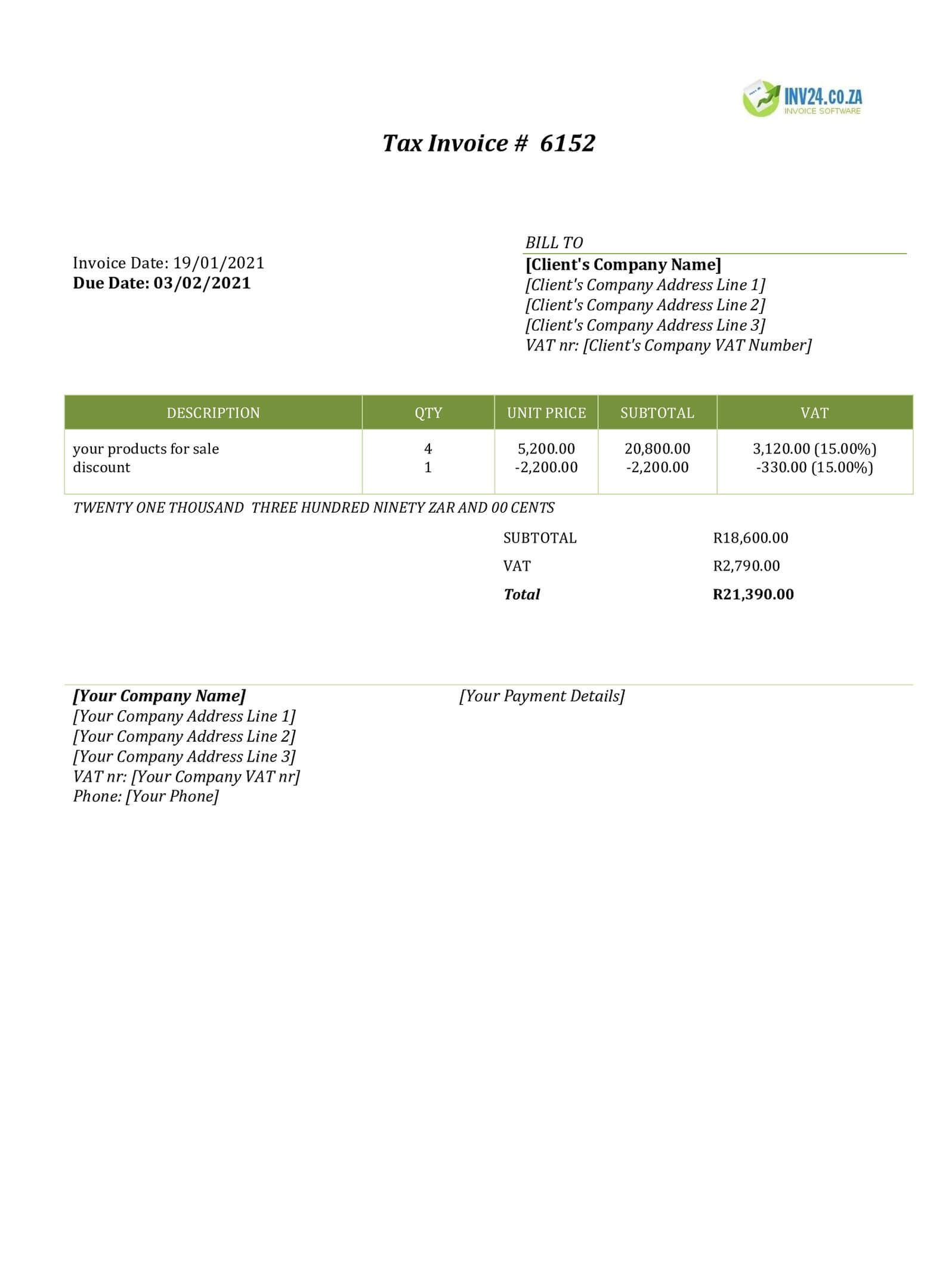 sales invoice template south africa word