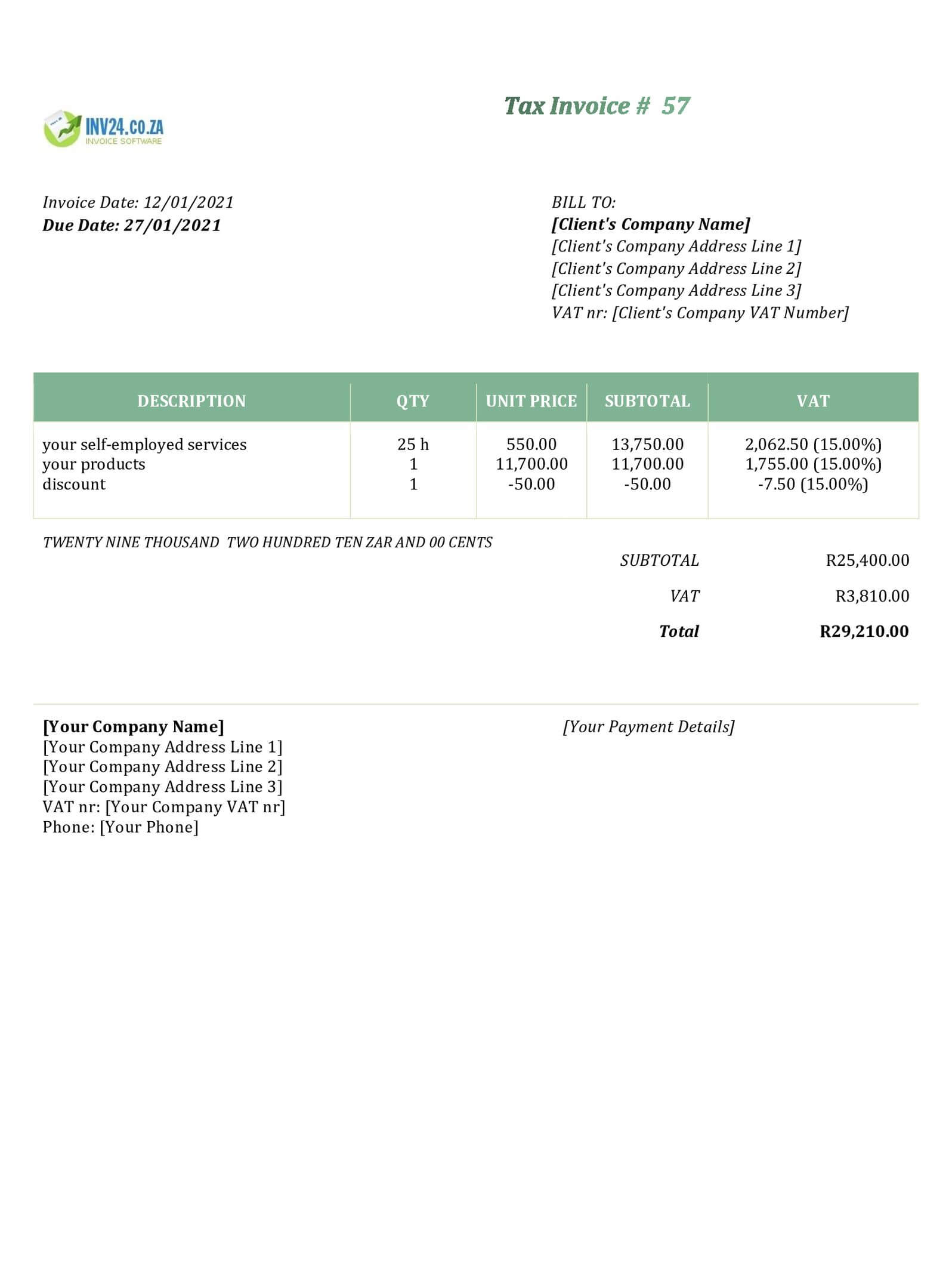 self employed invoice template south africa word