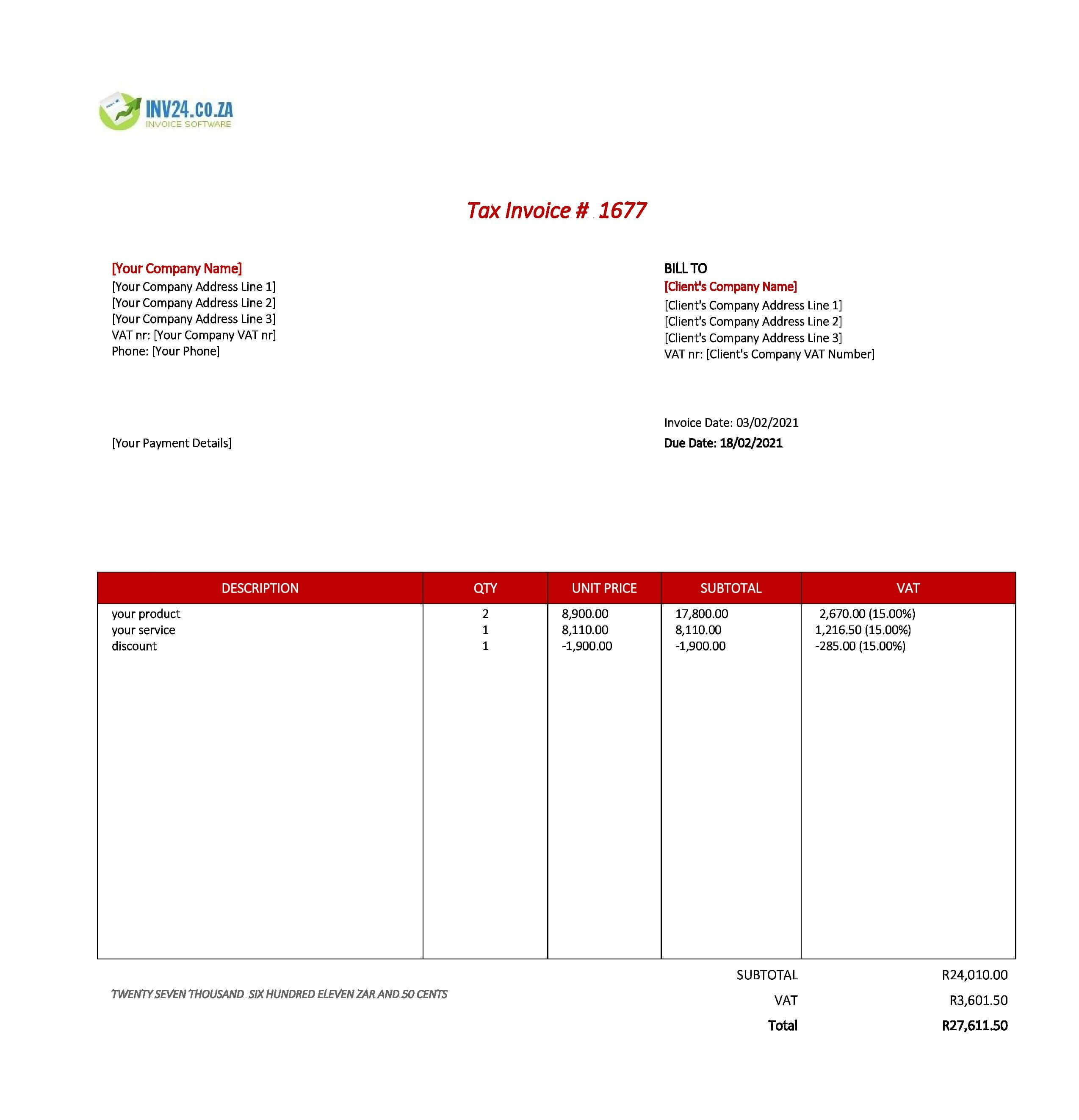 standard invoice template south africa excel