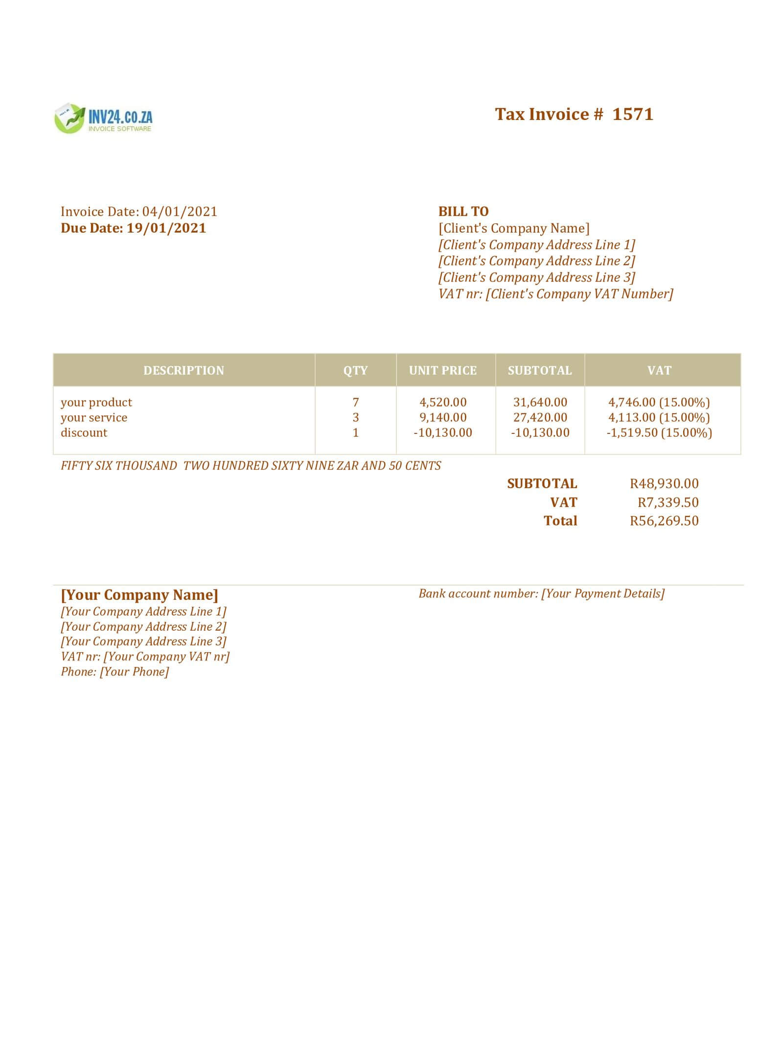 tax invoice template south africa word